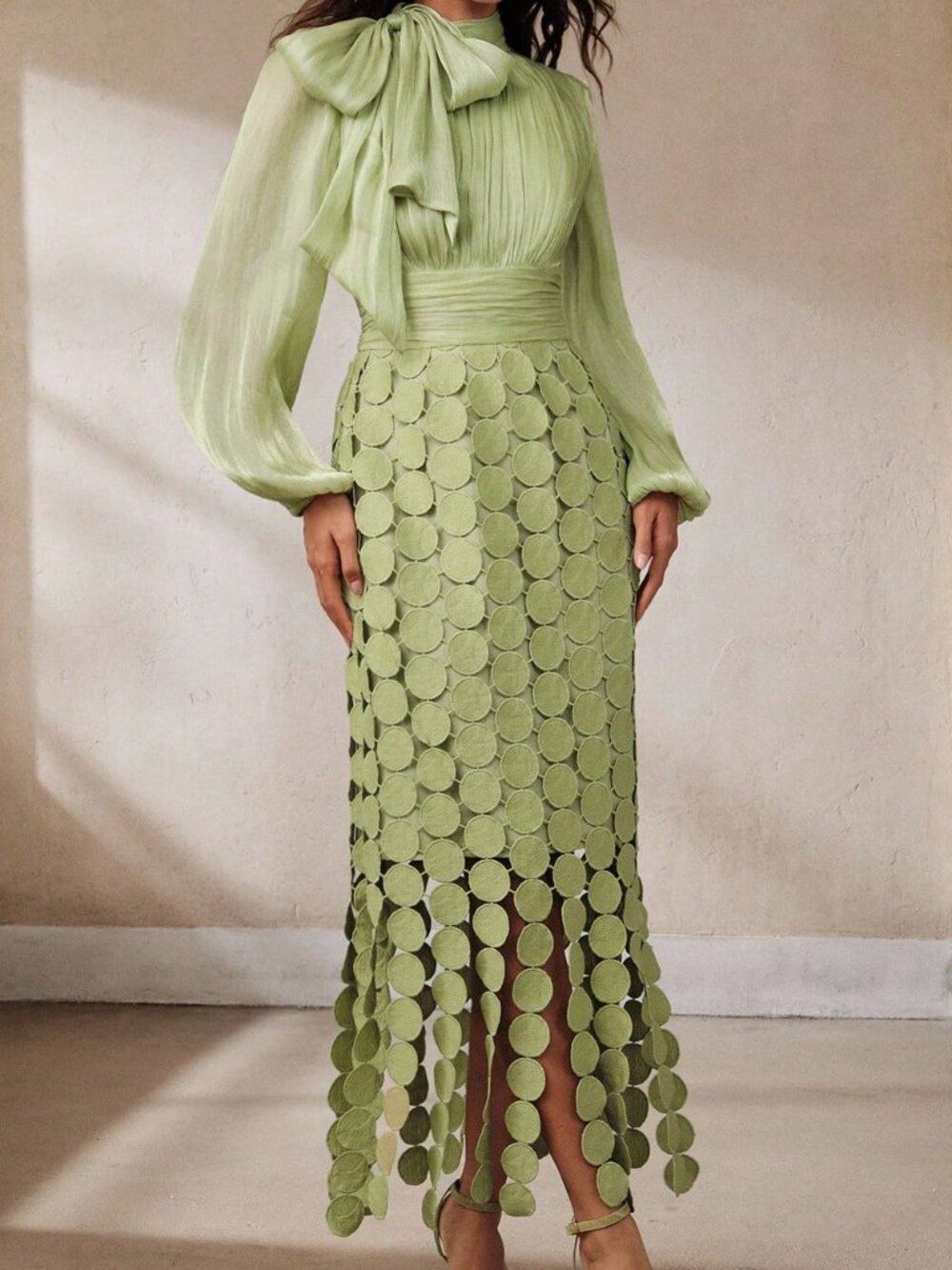 Green Elegant Women's Tie Knot Asymmetrical Long Fitted Dress - Picture 3 of 7